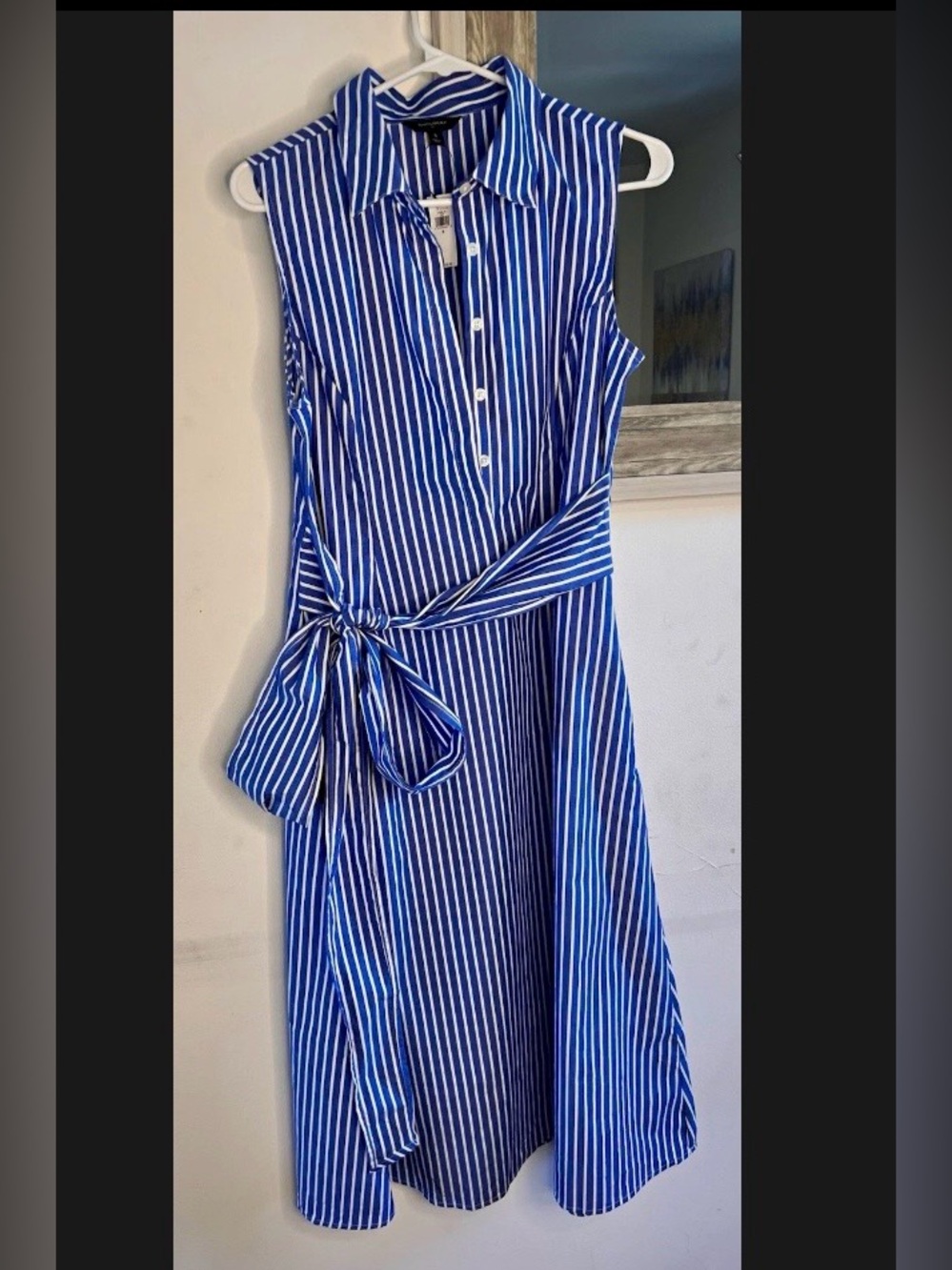 Banana Republic Blue and White Striped Sleeveless Shirt Dress with Tie